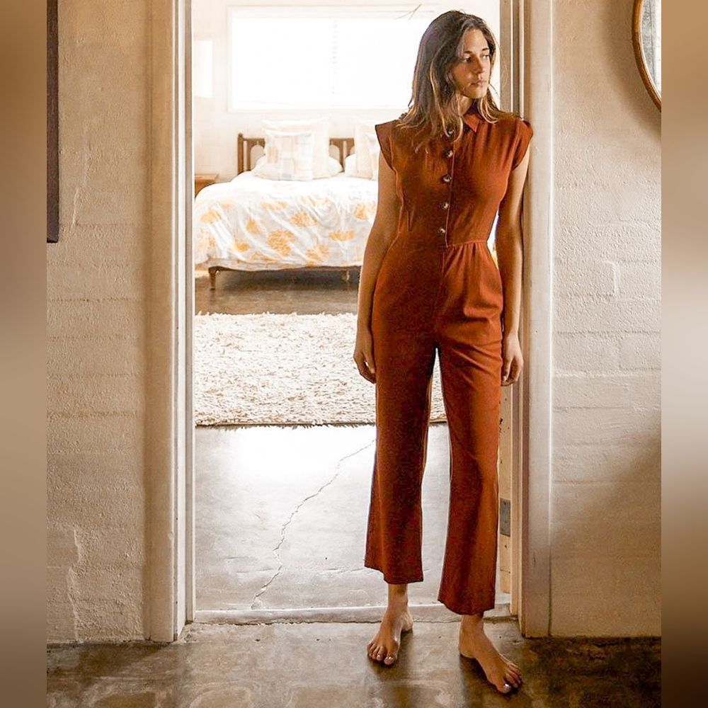 Christy Dawn Rust Red Brown Clay Cap Sleeve Phoebe Linen Jumper Jumpsuit Size S